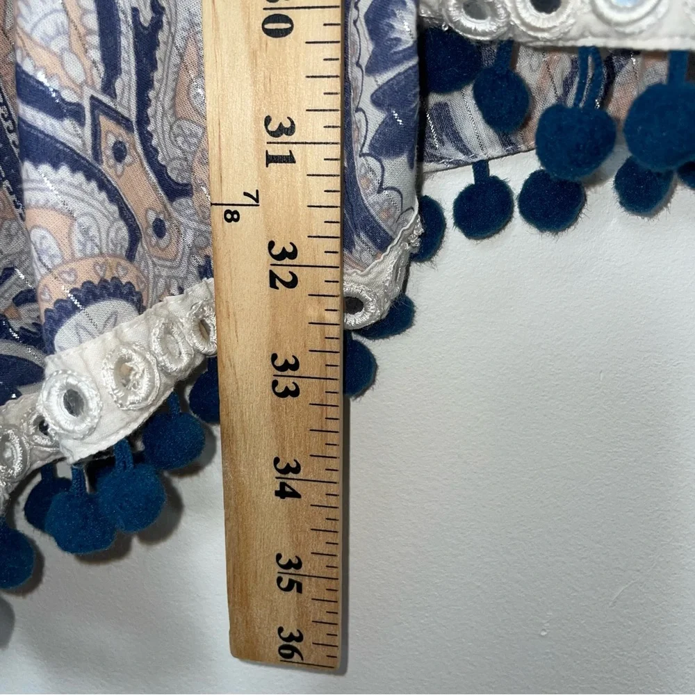 Tularosa Evolette Blue & White Paisley Pom-Pom Metallic Thread Mini Dress Size M - Picture 14 of 16